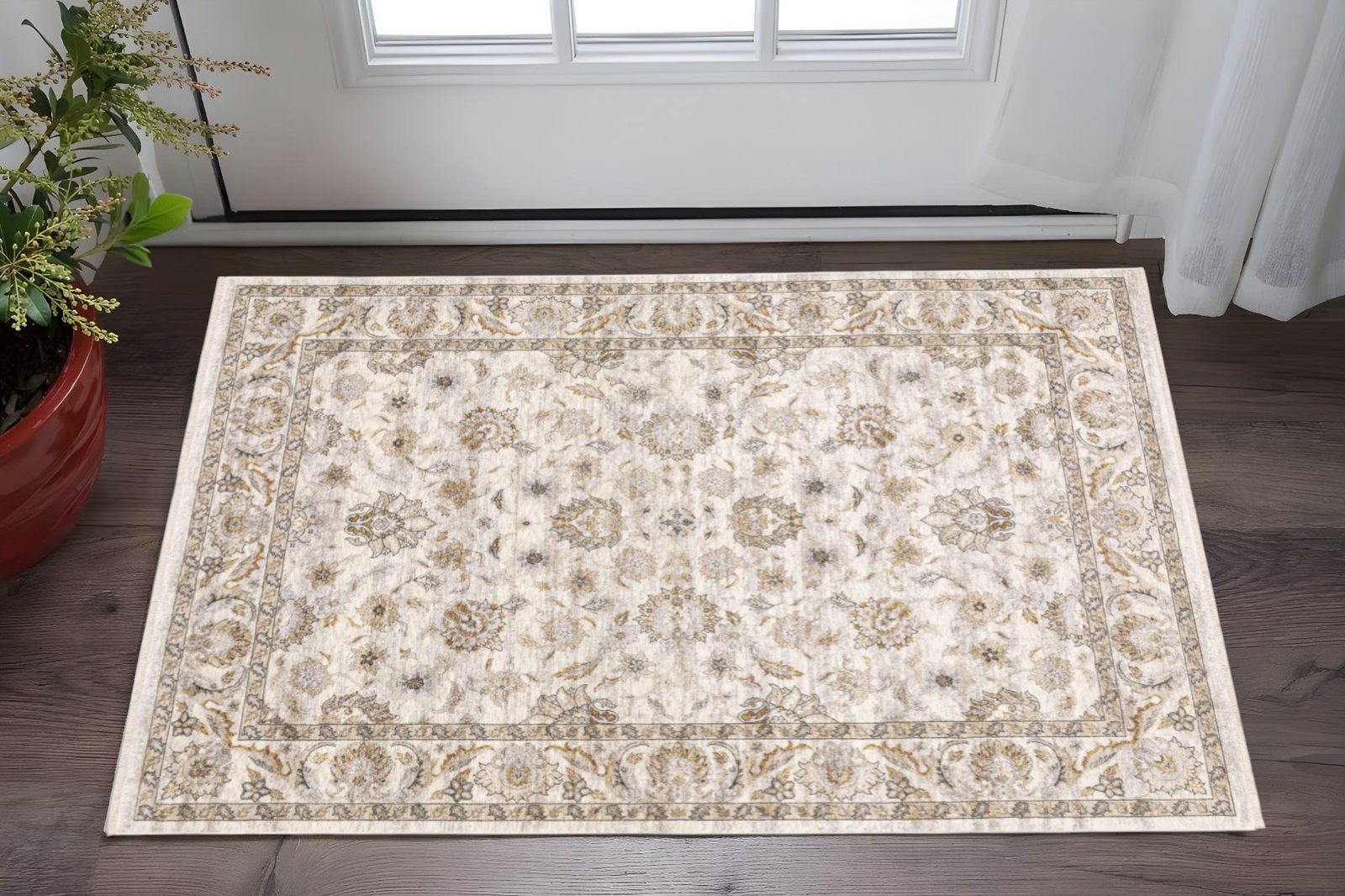 Ivory and Gray Oriental Polyester Area Rug, 2′ × 3′