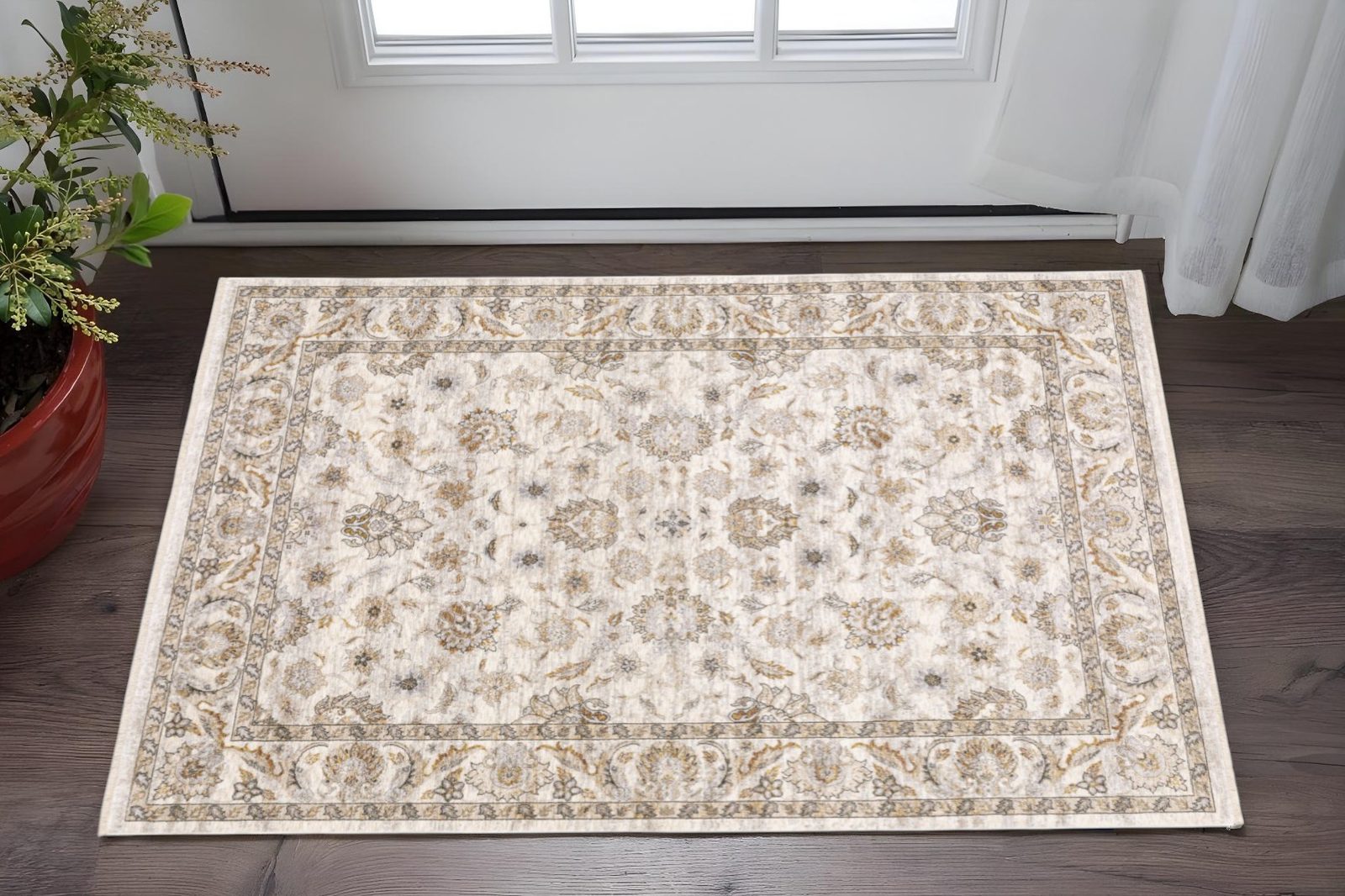 Ivory and Gray Oriental Polyester Area Rug, 3′ × 5′