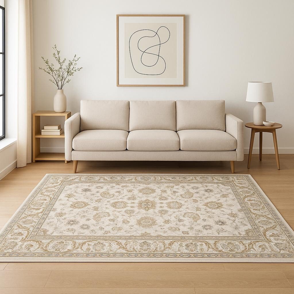 Ivory and Gray Oriental Polyester Area Rug, 5′ × 8′