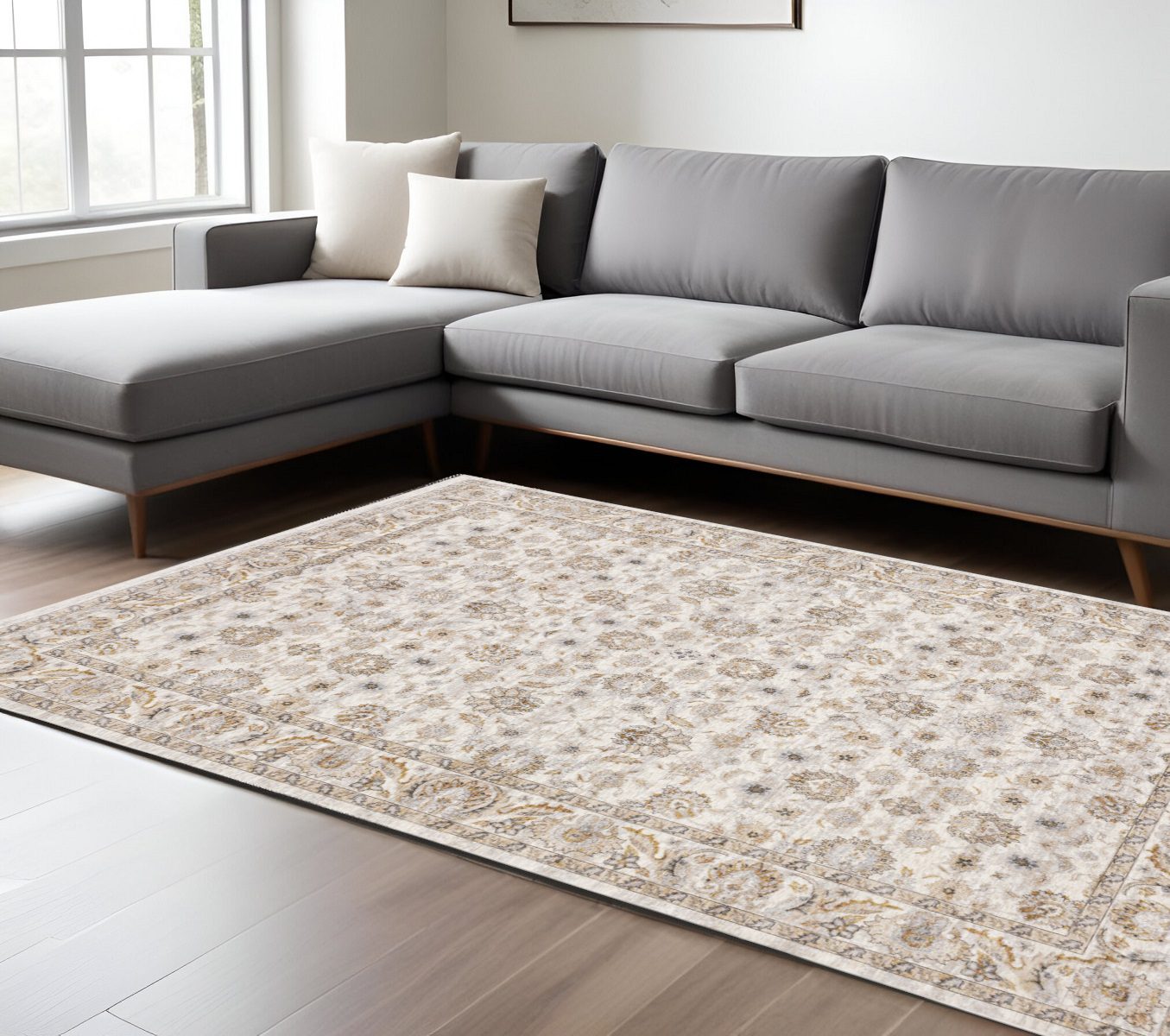 Ivory and Gray Oriental Polyester Area Rug, 7′ × 10′
