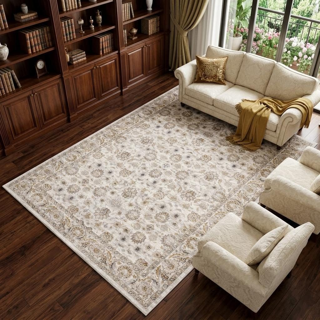 Ivory and Gray Oriental Polyester Area Rug, 8′ × 11′