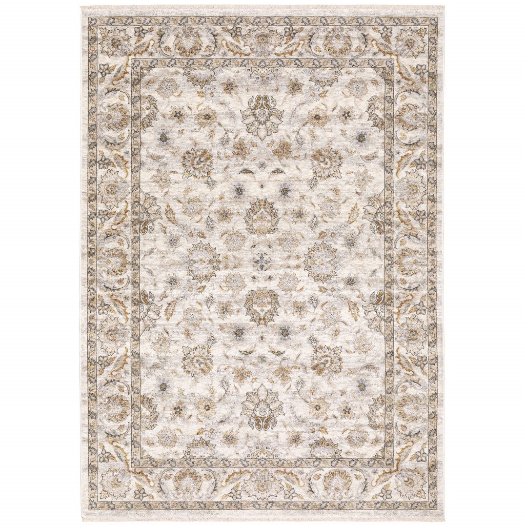 Ivory and Gray Oriental Polyester Area Rug