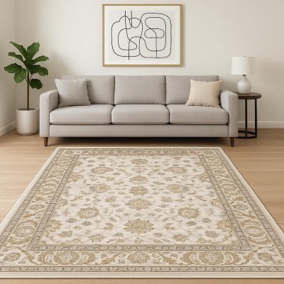 Ivory and Gray Oriental Polyester Area Rug