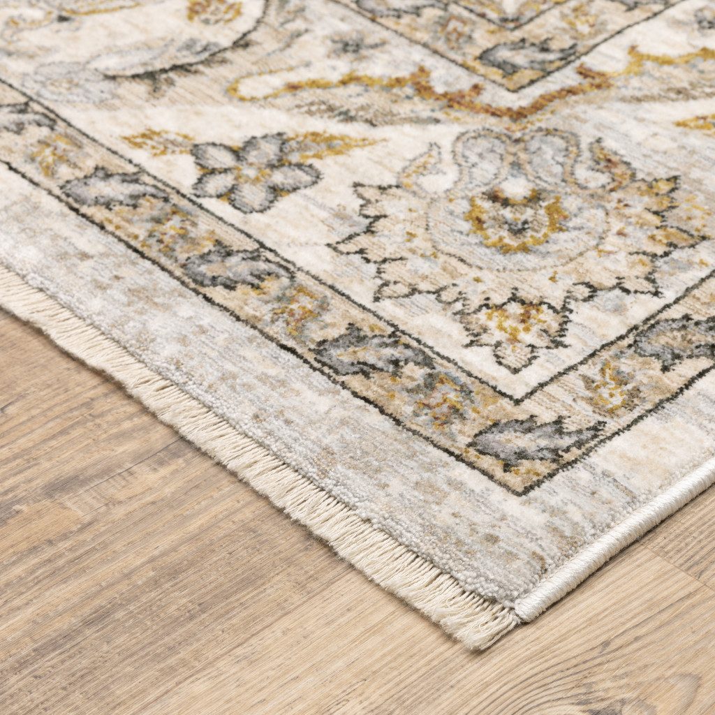 Ivory and Gray Oriental Polyester Area Rug