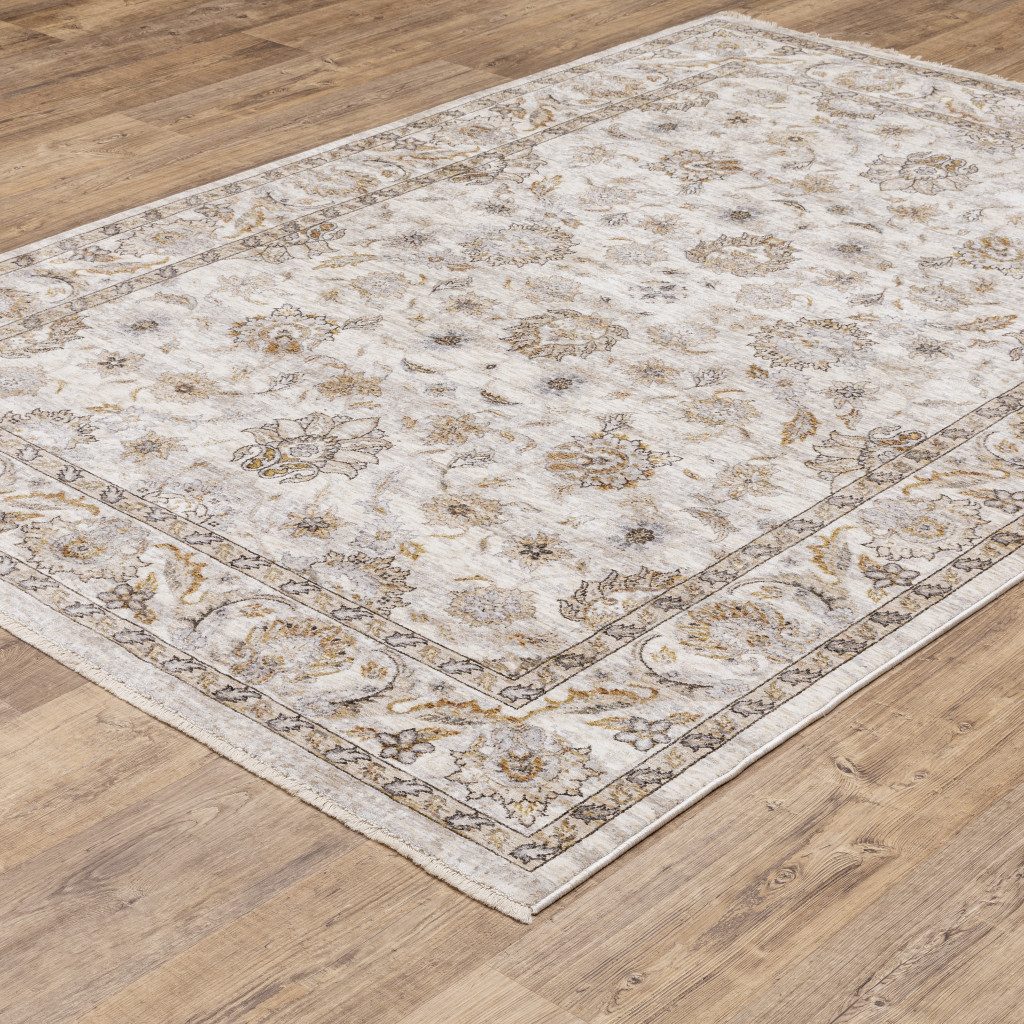 Ivory and Gray Oriental Polyester Area Rug
