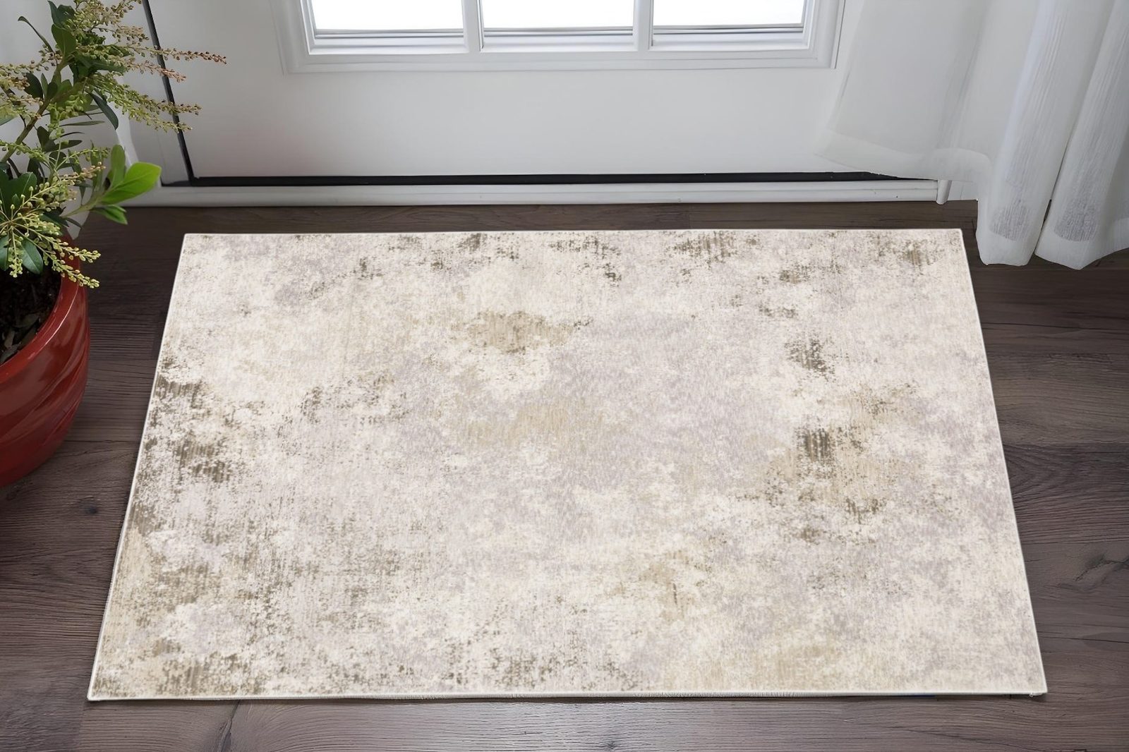 Abstract Beige Gray Brown Polyester Rectangle Area Rug, 3′ × 5′