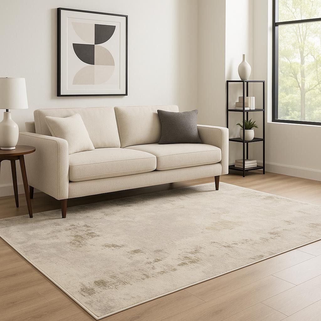 Abstract Beige Gray Brown Polyester Rectangle Area Rug, 5′ × 8′