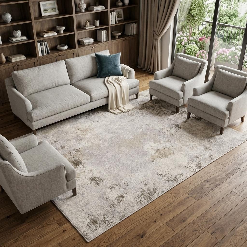 Abstract Beige Gray Brown Polyester Rectangle Area Rug, 7′ × 10′