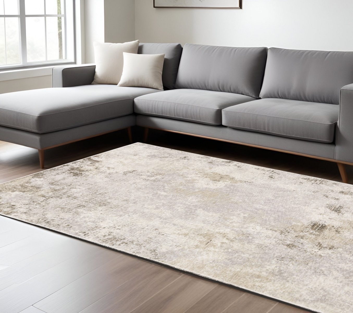 Abstract Beige Gray Brown Polyester Rectangle Area Rug, 8′ × 11′