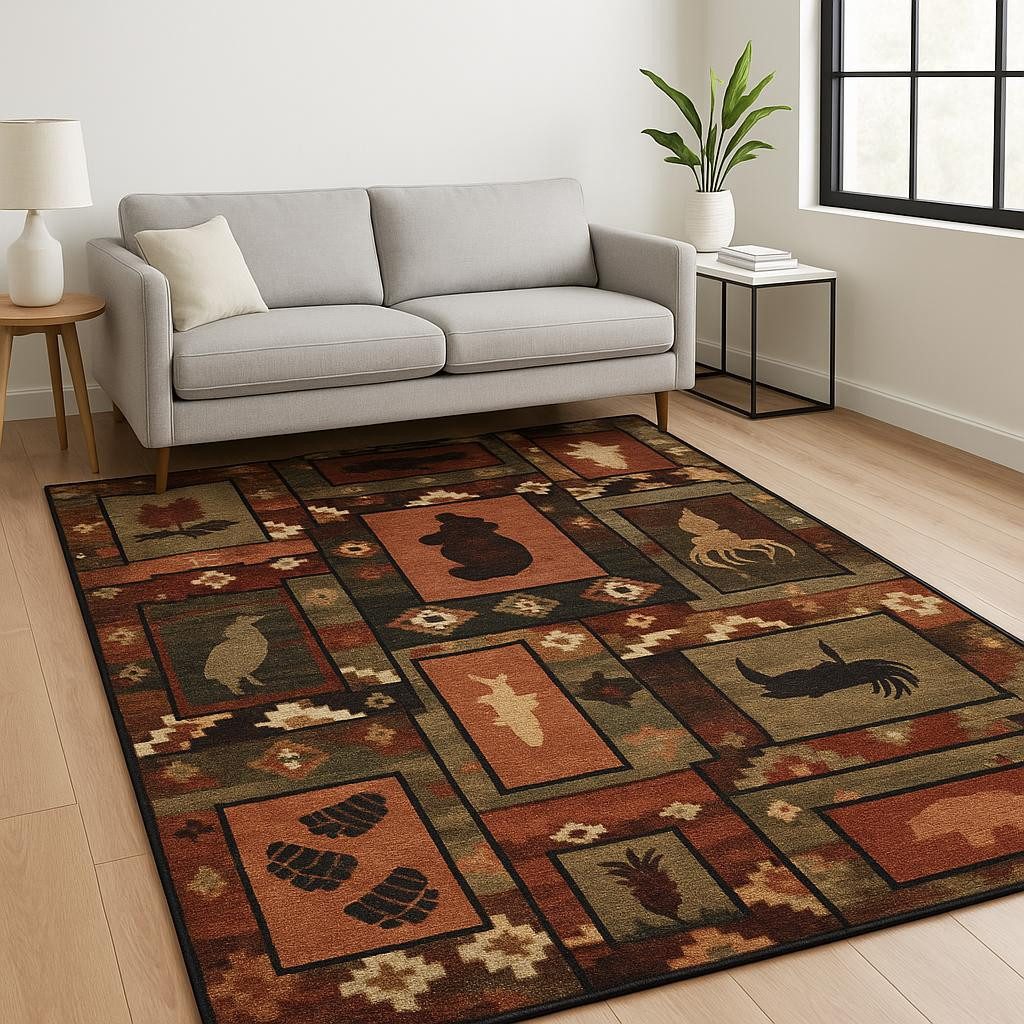 Southwestern Brown Rust and Gold Polypropylene Rectangle Area Rug, 5′ × 7′