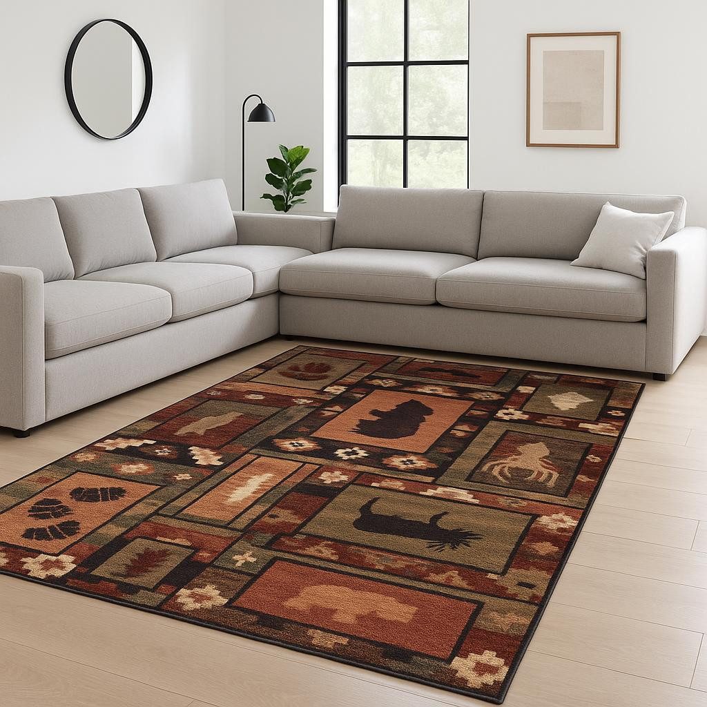 Southwestern Brown Rust and Gold Polypropylene Rectangle Area Rug, 7′ × 9′