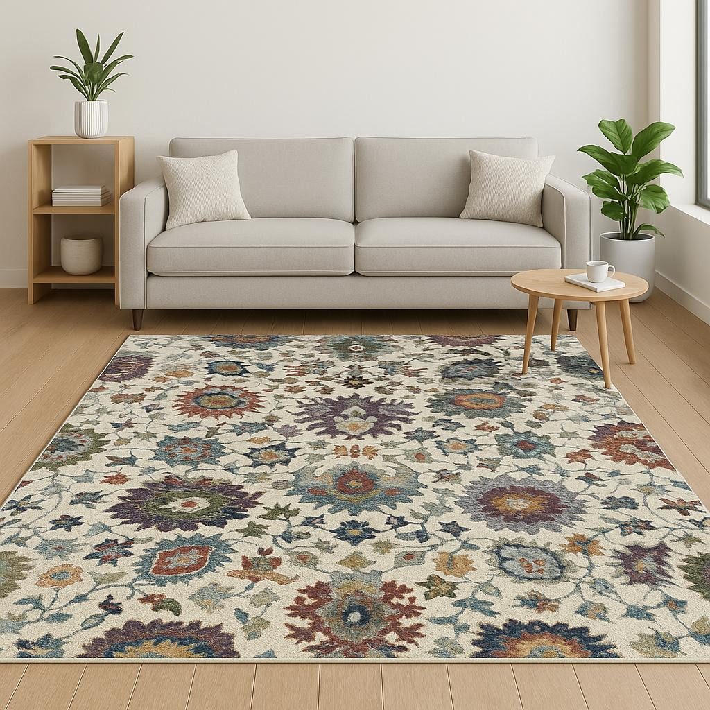 Stone Purple and Green Polypropylene Oriental Area Rug, 7′ × 10′