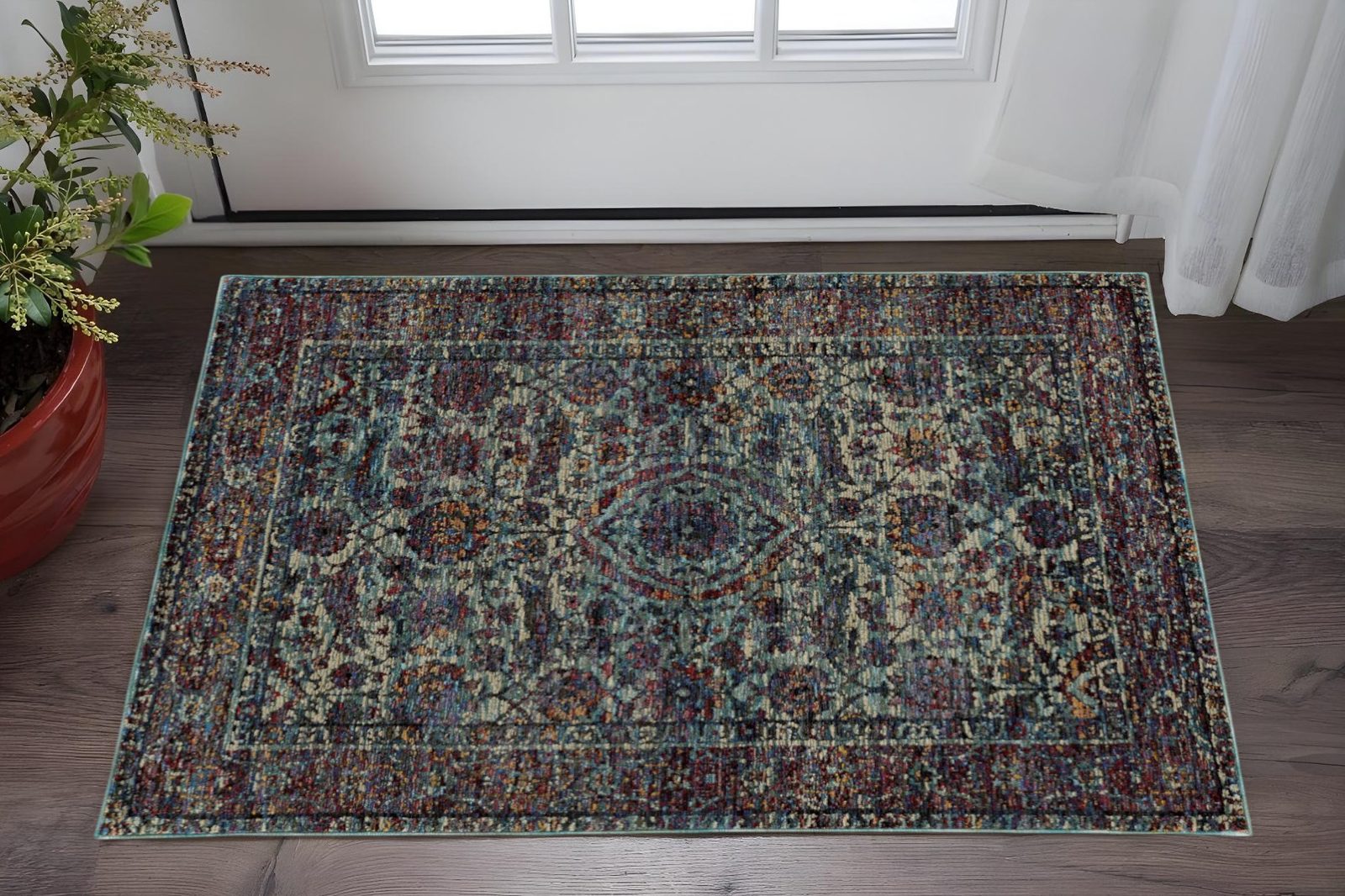 Blue and Purple Oriental Polypropylene Rectangle Area Rug, 2′ × 3′