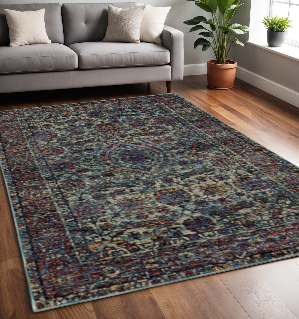 Blue and Purple Oriental Polypropylene Rectangle Area Rug, 5′ × 7′