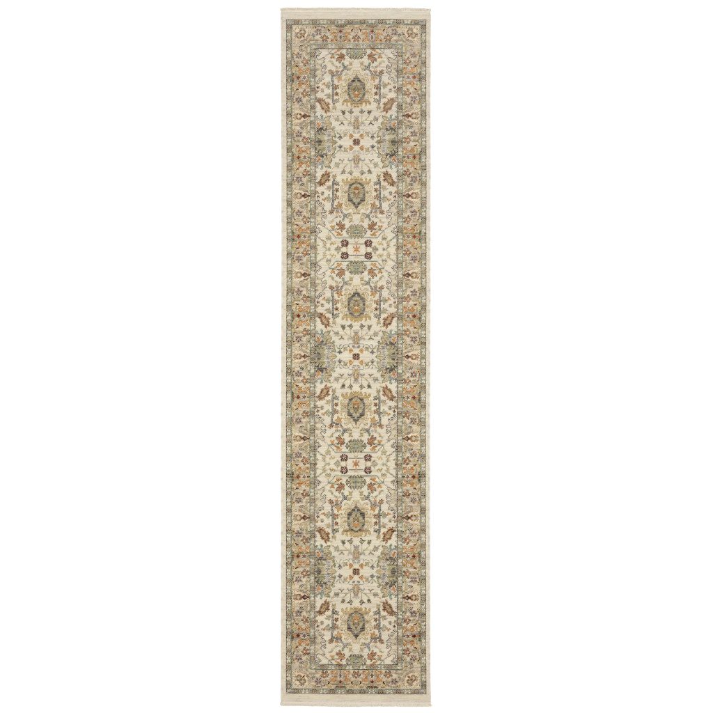 12′ Gray and Ivory Genuine Wool Oriental Runner Rug
