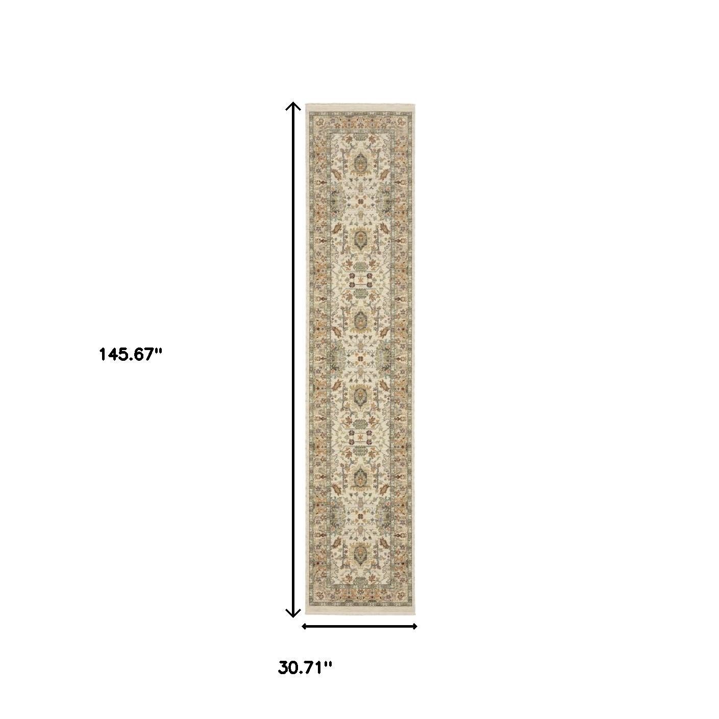 12′ Gray and Ivory Genuine Wool Oriental Runner Rug