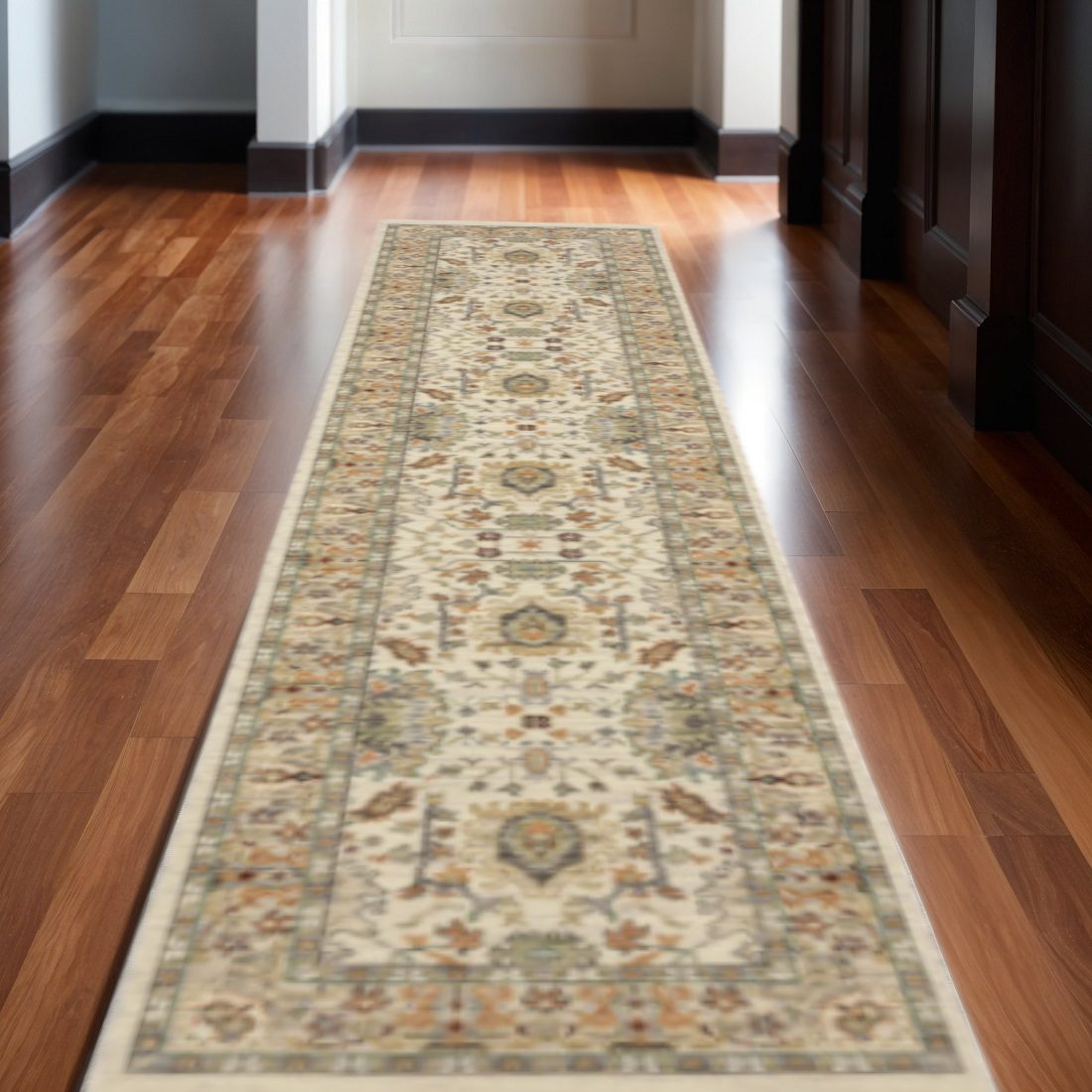 12′ Gray and Ivory Genuine Wool Oriental Runner Rug