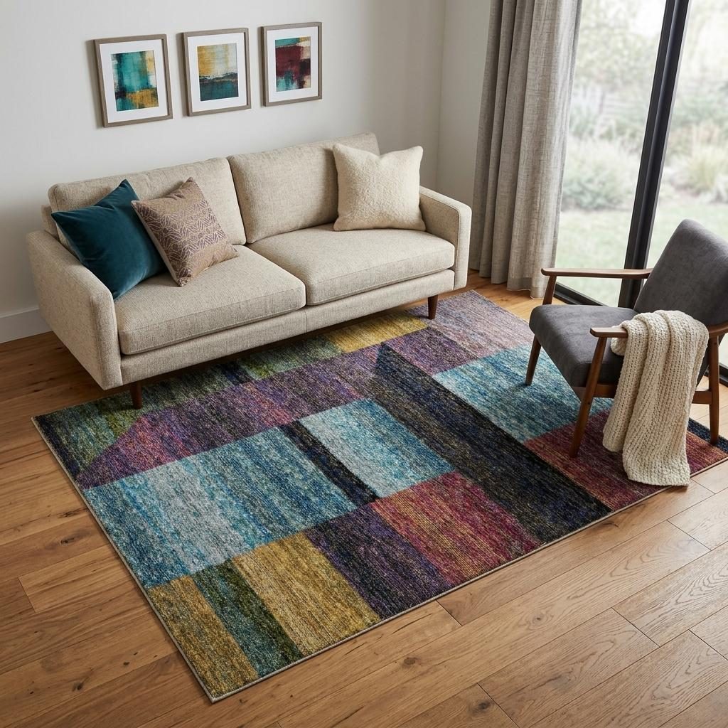 Purple and Red Geometric Polypropylene Rectangle Area Rug, 5′ × 7′