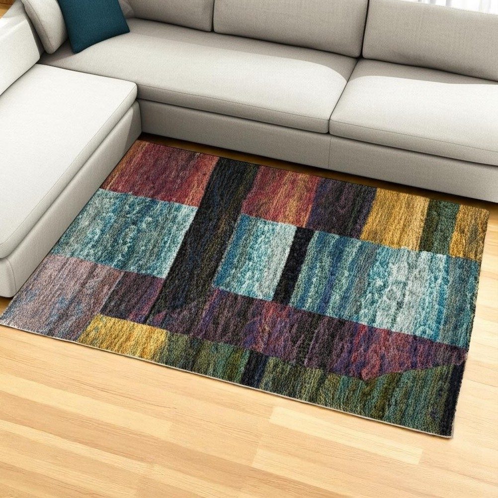 Purple and Red Geometric Polypropylene Rectangle Area Rug, 7′ × 10′