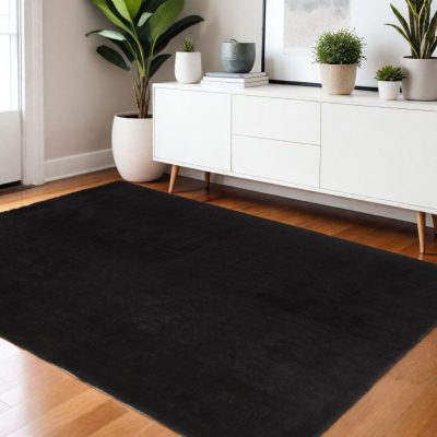 Black Shag Tufted Polyester Rectangle Area Rug