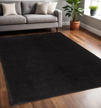 Black Shag Tufted Polyester Rectangle Area Rug