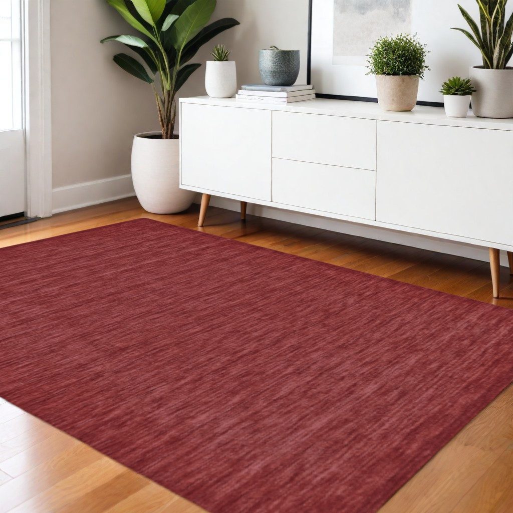 Red Wool Hand Woven Area Rug, 4′ × 6′