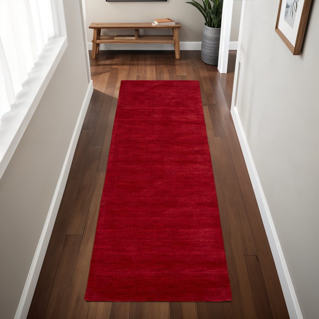 Blue Hand Woven Wool Runner Rug, Color: Red