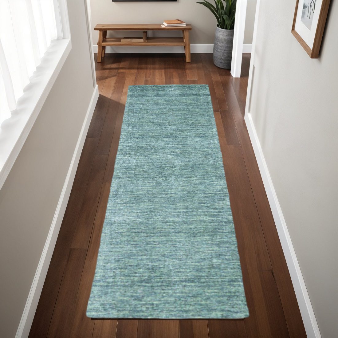 Blue Hand Woven Wool Runner Rug, Color: Gray, Blue