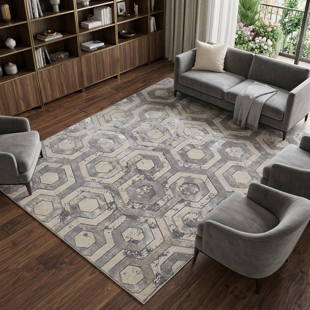 Gray Taupe and Silver Abstract Polypropylene Area Rug, 7′ × 10′