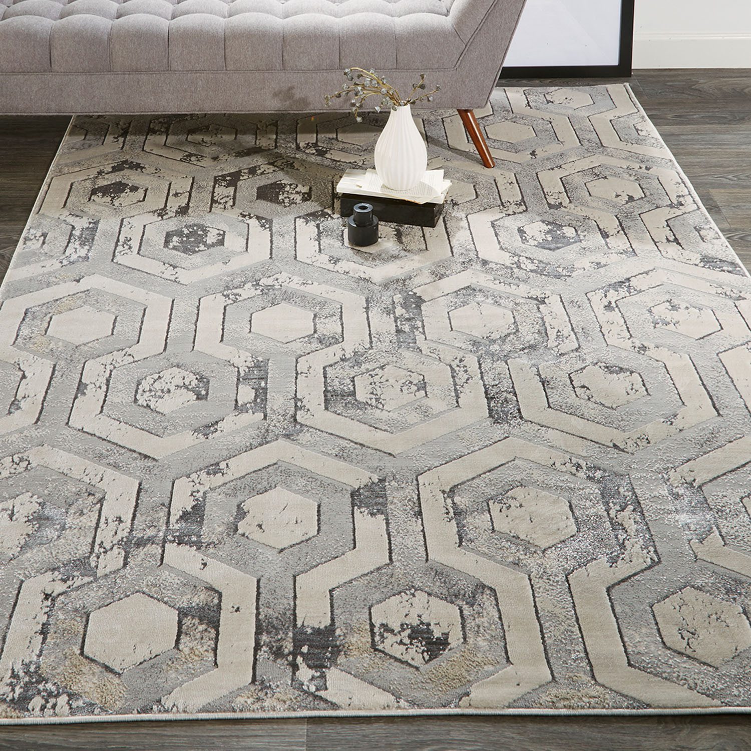 Gray Taupe and Silver Abstract Polypropylene Area Rug