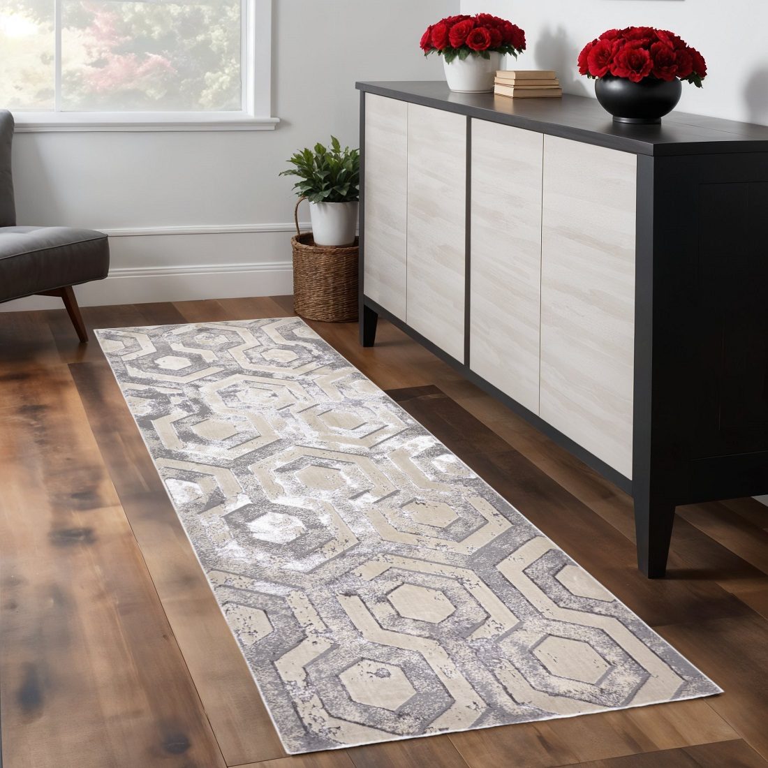 Gray Taupe and Silver Abstract Polypropylene Area Rug, 8′ Runner