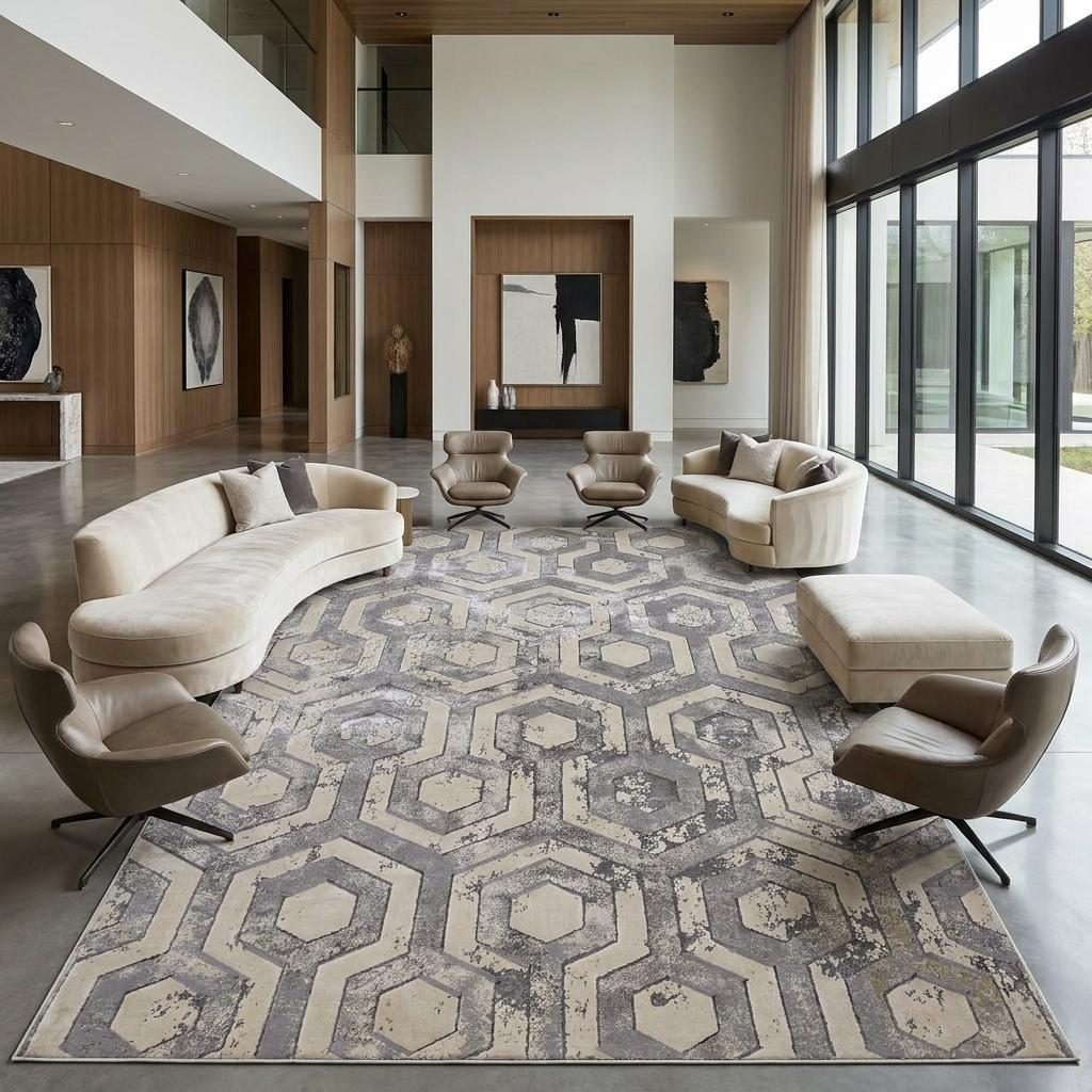 Gray Taupe and Silver Abstract Polypropylene Area Rug, 12′ × 15′