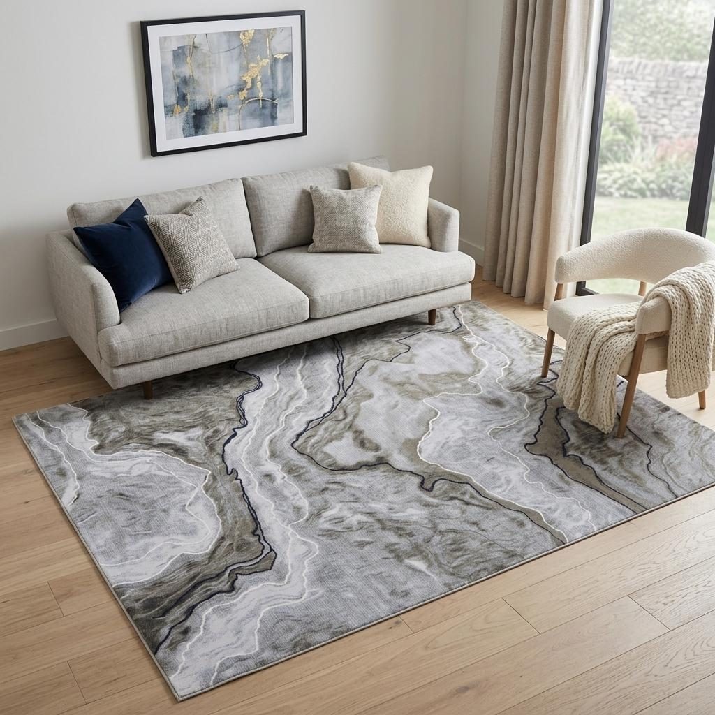 Ivory Blue and Gray Abstract Polypropylene Area Rug, 5′ × 7′