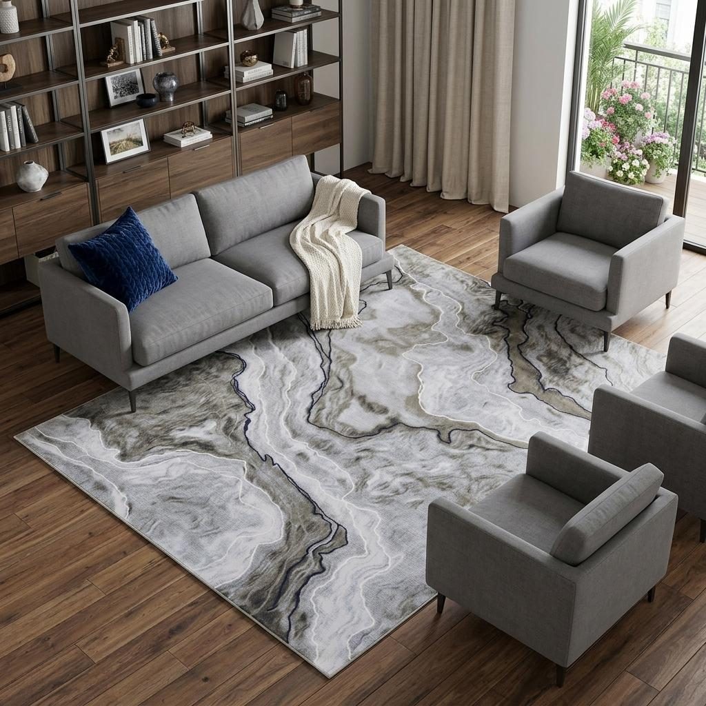 Ivory Blue and Gray Abstract Polypropylene Area Rug, 7′ × 10′