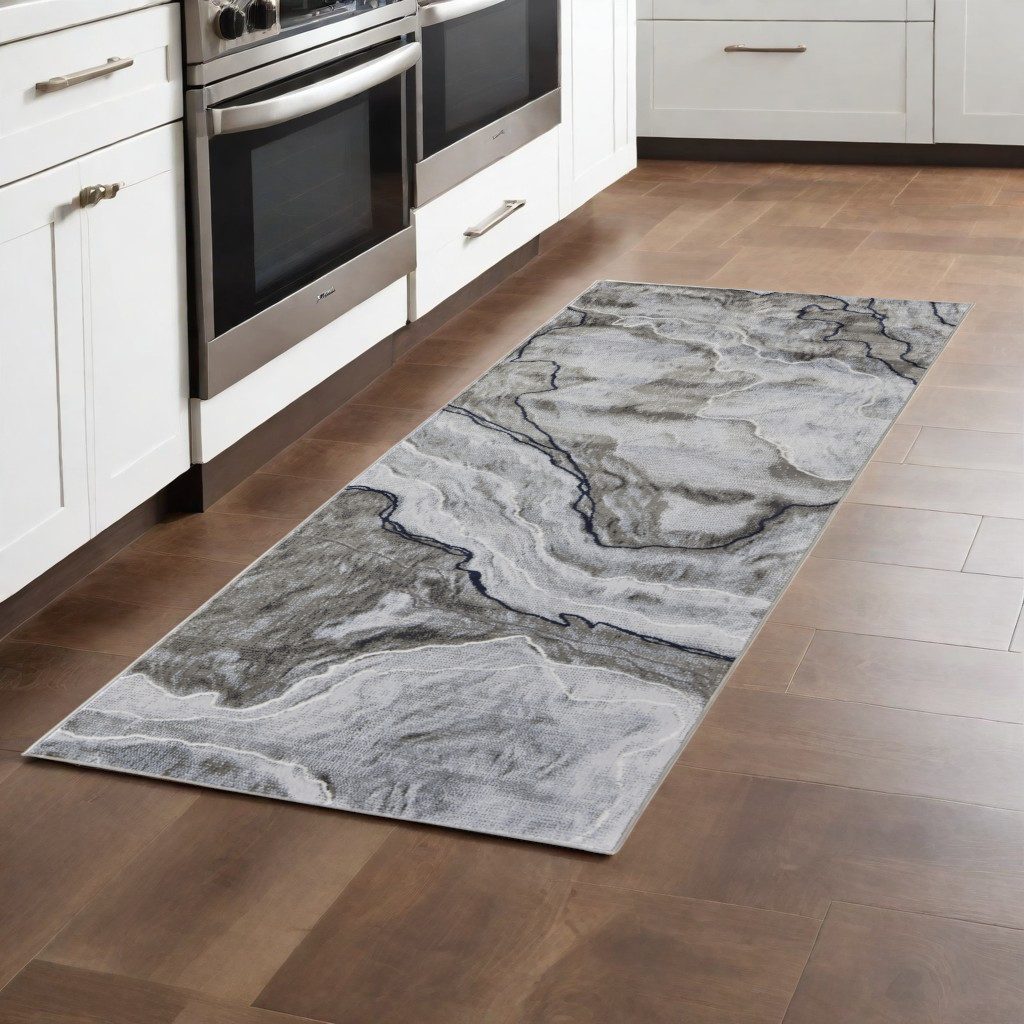 Ivory Blue and Gray Abstract Polypropylene Area Rug, 8′ Runner