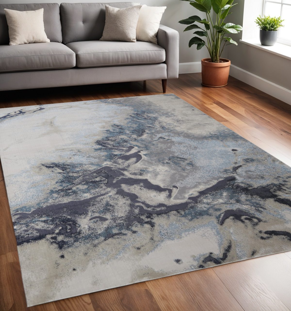Ivory Black and Gray Abstract Polyester Area Rug, 5′ × 8′