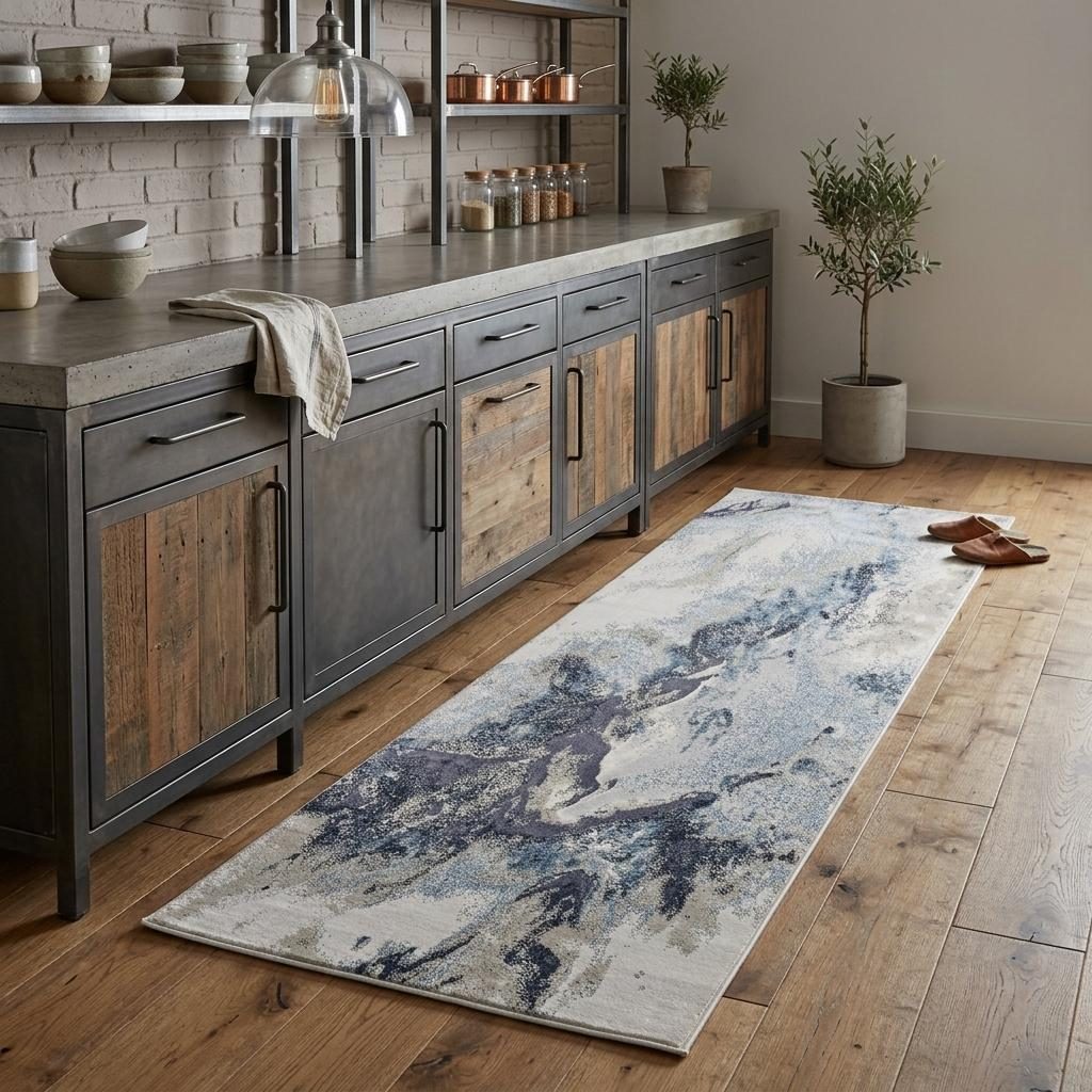Ivory Black and Gray Abstract Polyester Area Rug, 8′ Runner