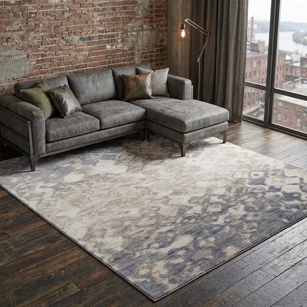 Ivory Tan and Blue Abstract Distressed Polypropylene Area Rug, 8′ × 10′