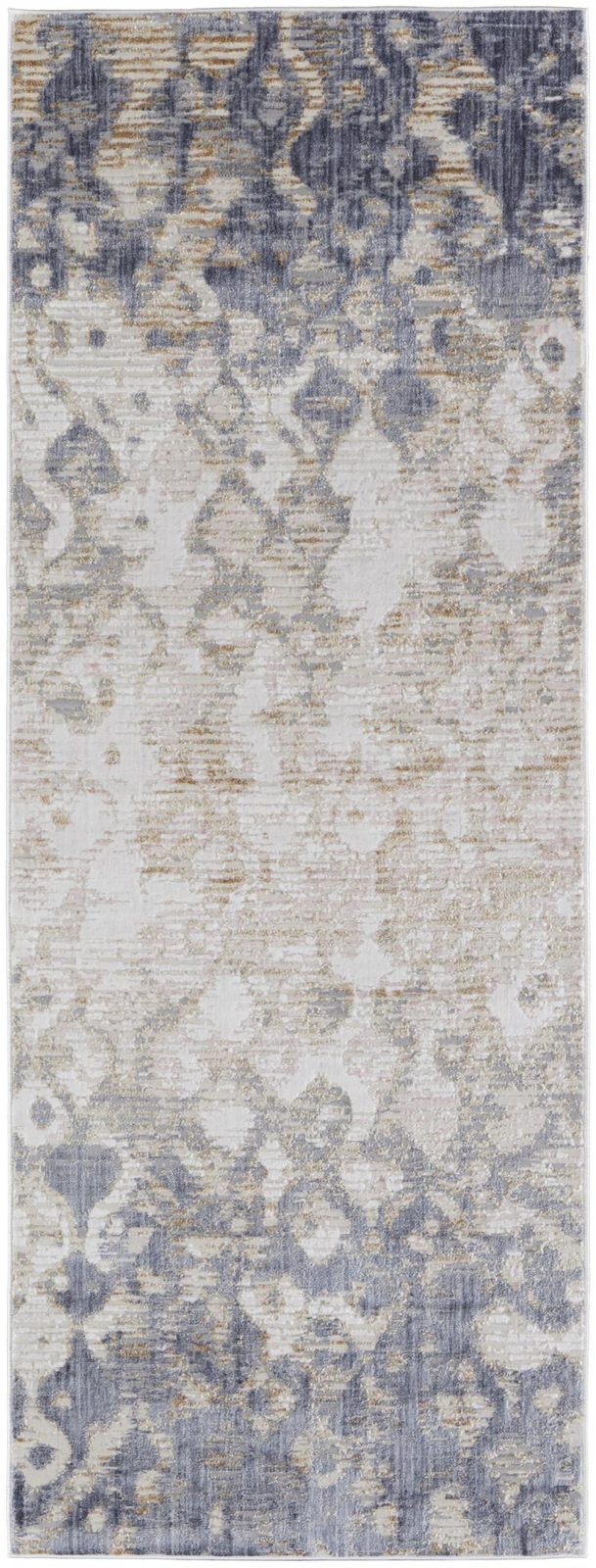 Ivory Tan and Blue Abstract Distressed Polypropylene Area Rug