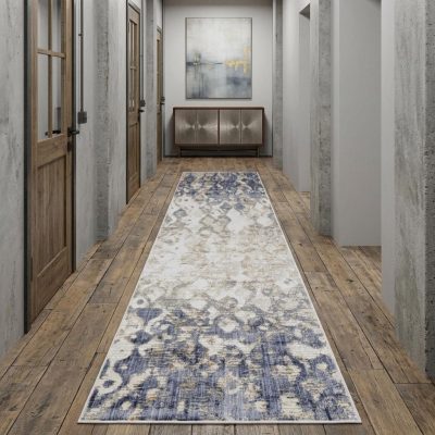 Ivory Tan and Blue Abstract Distressed Polypropylene Area Rug