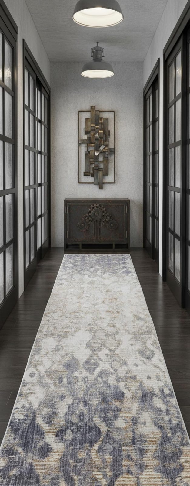 Ivory Tan and Blue Abstract Distressed Polypropylene Area Rug, 12′ Runner
