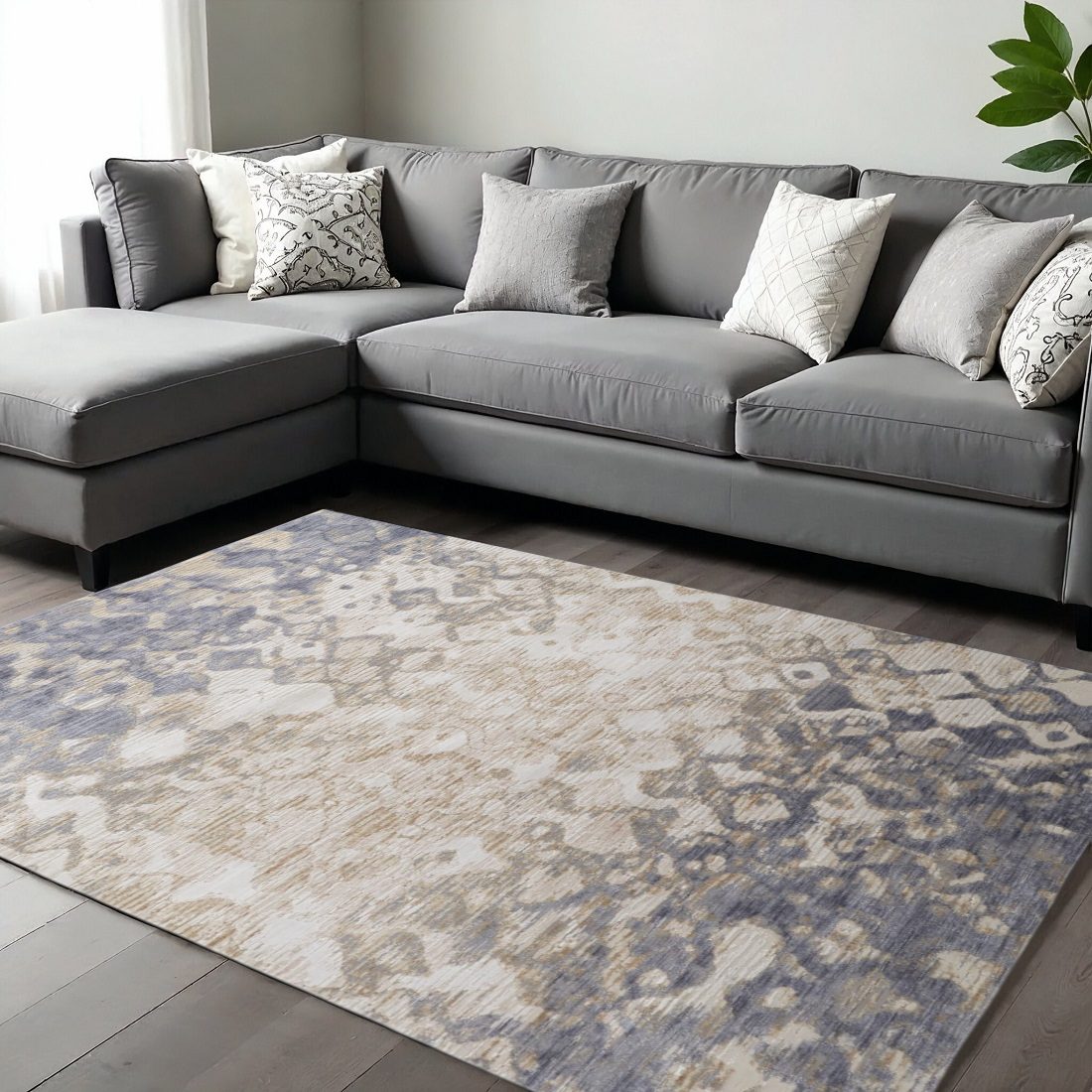 Ivory Tan and Blue Abstract Distressed Polypropylene Area Rug, 12′ × 15′