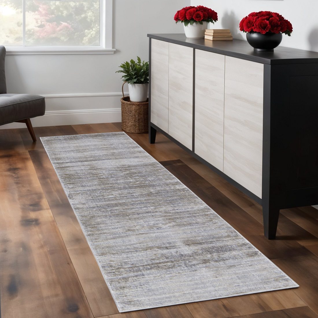 Taupe Silver and Tan Abstract Power Loom Area Rug, 8′ Runner