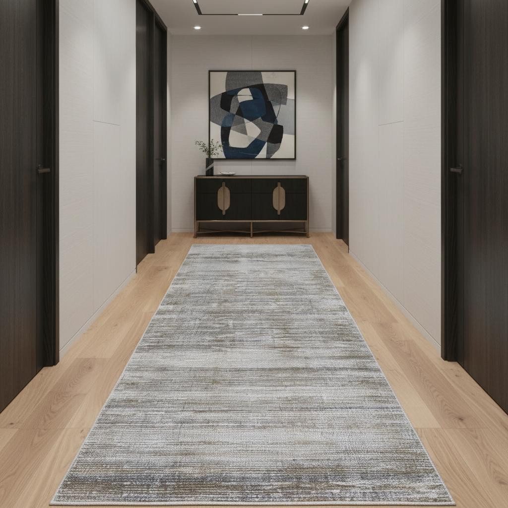 Taupe Silver and Tan Abstract Power Loom Area Rug, 12′ Runner
