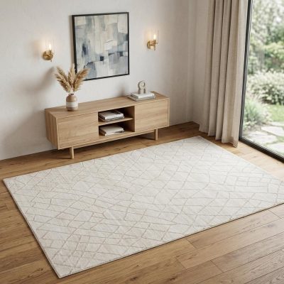 Ivory and Gray Striped Viscose Wool Rectangle Area Rug