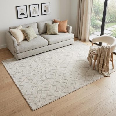 Ivory and Gray Striped Viscose Wool Rectangle Area Rug