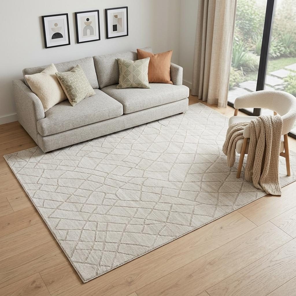 Ivory and Gray Striped Viscose Wool Rectangle Area Rug, 5′ × 8′