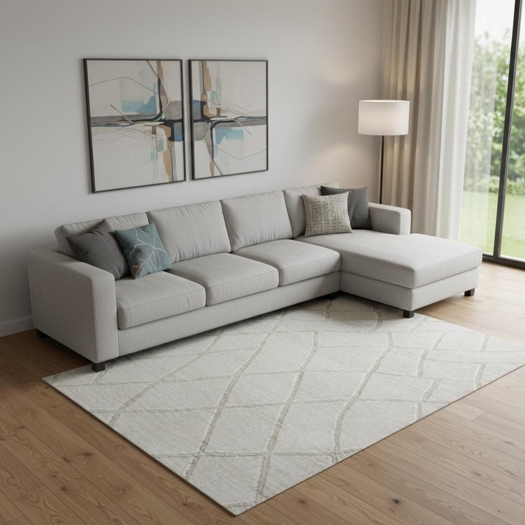 Ivory and Gray Striped Viscose Wool Rectangle Area Rug, 9′ × 12′