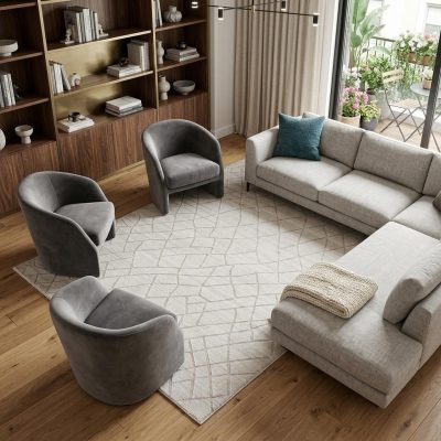 Ivory and Gray Striped Viscose Wool Rectangle Area Rug