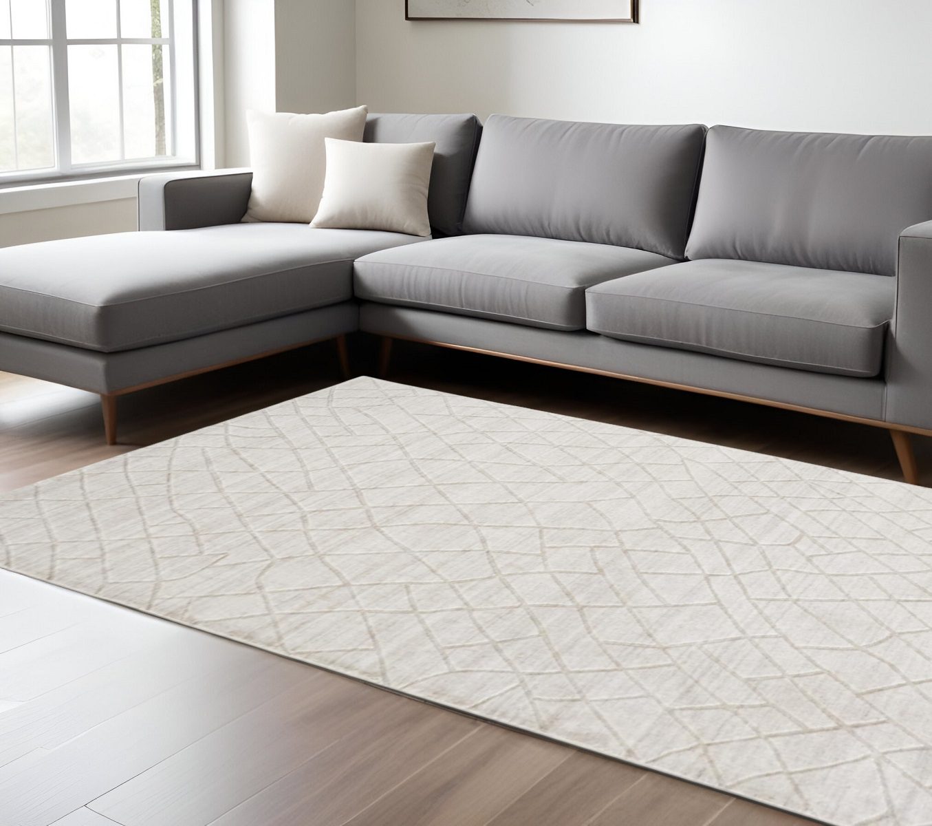 Ivory and Gray Striped Viscose Wool Rectangle Area Rug, 12′ × 15′